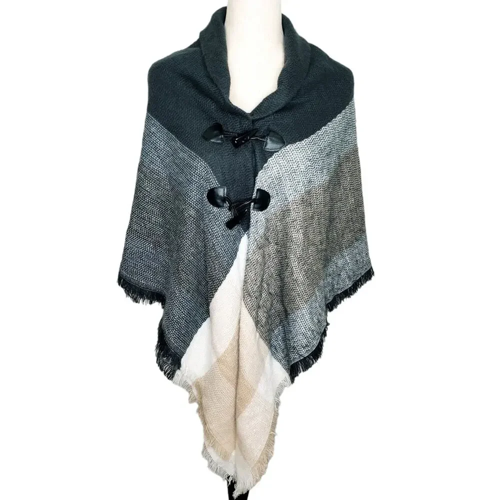 Knit Poncho Wrap with Two Button Closure